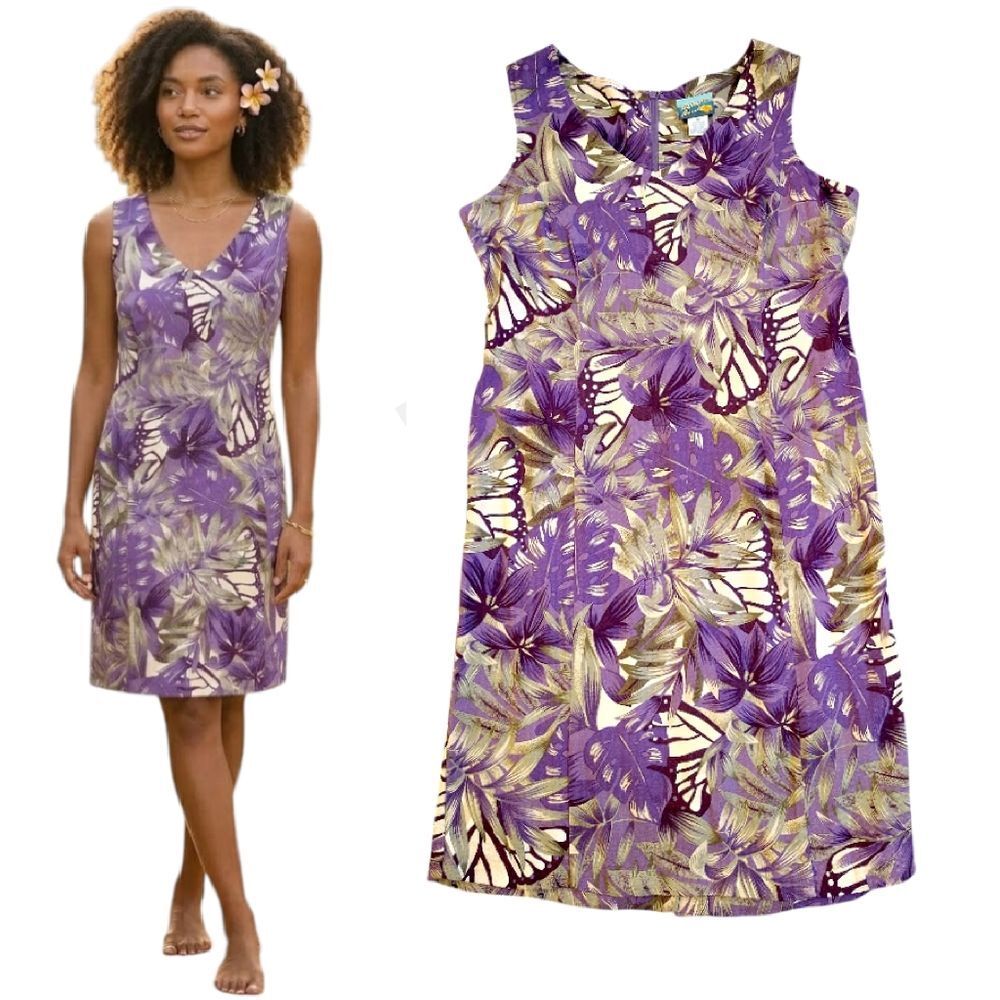 VTG Bahama Beach Purple Green Hawaiian Dress SZ 10 Butterflies Floral Print